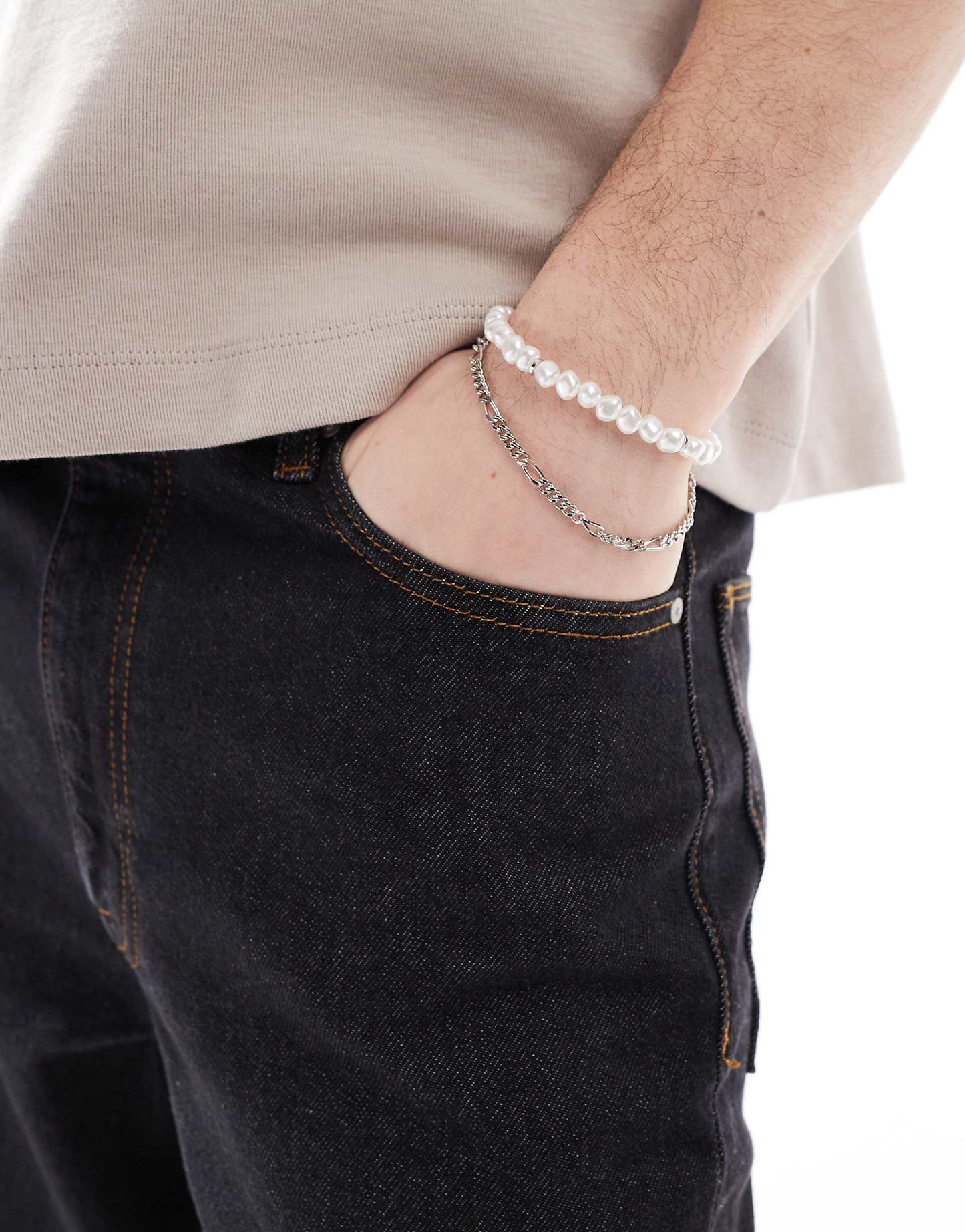 2 Pack Faux Pearl And Figaro Chain Bracelet