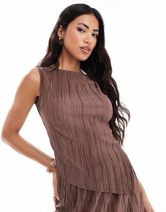 Plisse Asymmetric Slash Neck Top Co Ord