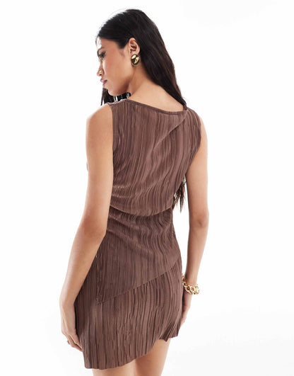 Plisse Asymmetric Slash Neck Top Co Ord