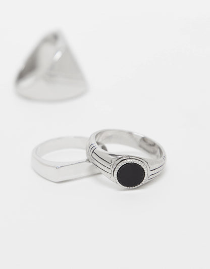 3 Pack Signet Ring Set With Black Stone