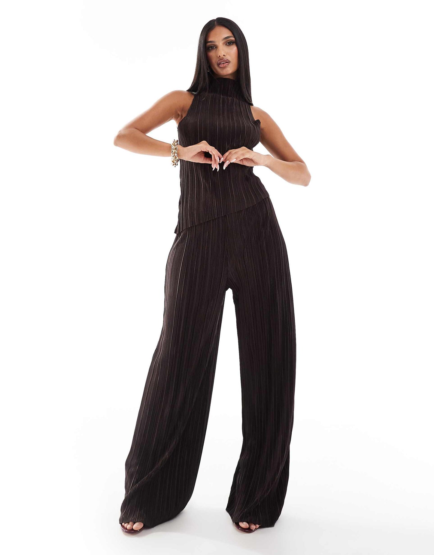 Co-Ord High Waist Plisse Straight Leg Trousers