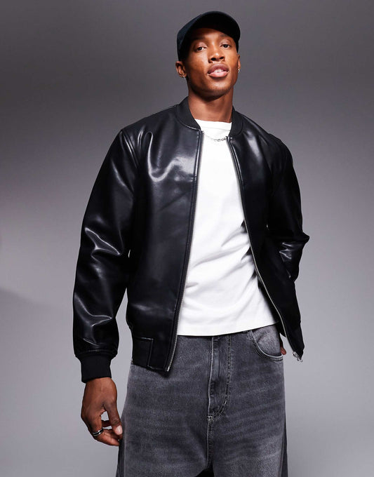 Faux Leather Bomber Jacket
