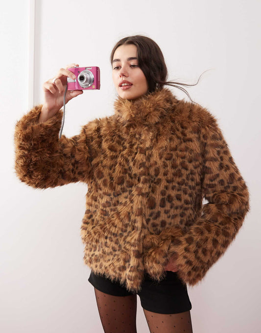 Joji Crop Faux Fur Leopard Print Jacket