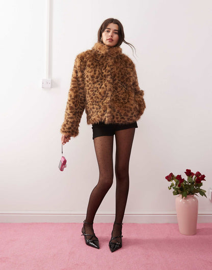 Joji Crop Faux Fur Leopard Print Jacket