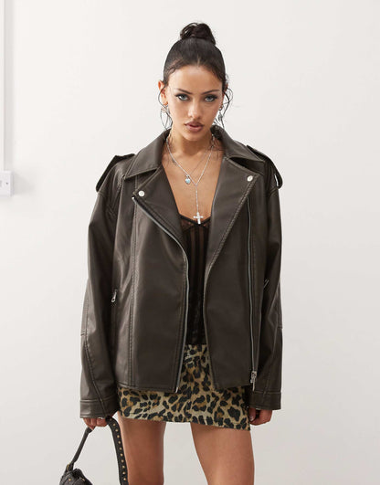 Zebbie Distressed Faux Leather Biker Jacket