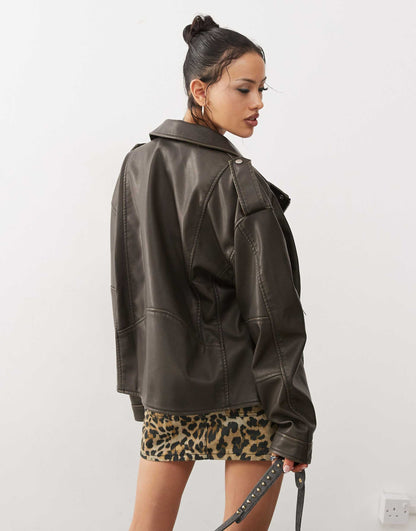 Zebbie Distressed Faux Leather Biker Jacket