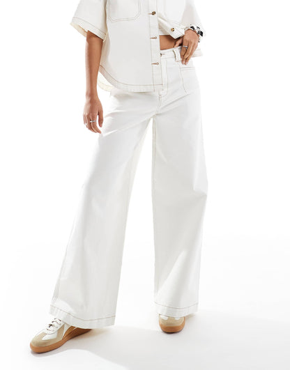 High Waist Wide Leg Trousers With Contrast Stitch Co-Ord