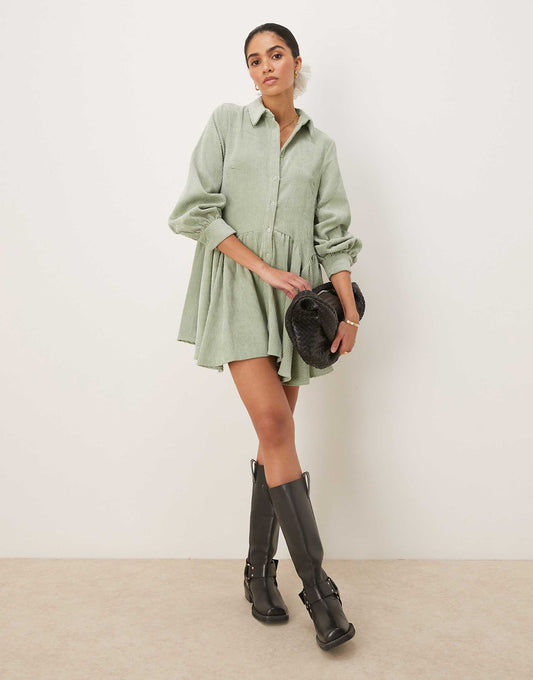 Cord Smock Mini Dress With Peplum Hem