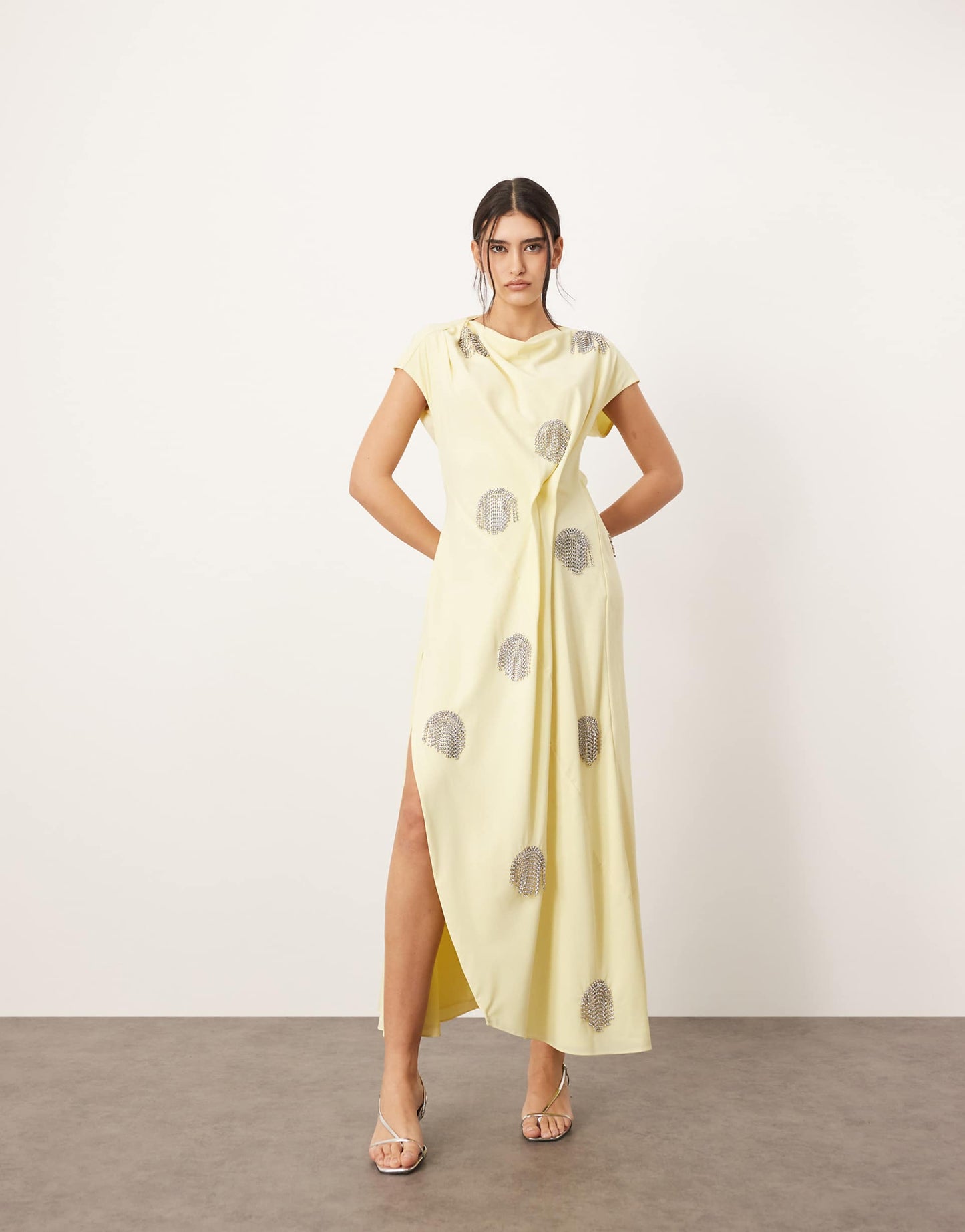 Embellished Diamante Fringe Spot Drape Midi Dress