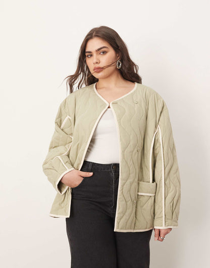 Curve Quilted Oversized Jacket With Contrast Trim