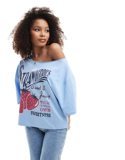 Relaxed Off Shoulder T-Shirt With Strawberry Graphic