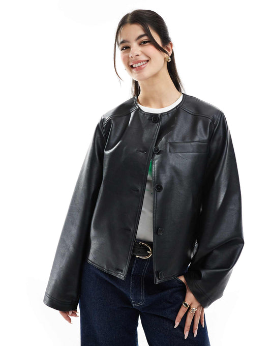 Collarless Clean Leather Look Jacket