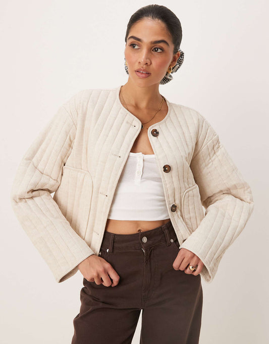 Linen Crop Collarless Quilted Jacket