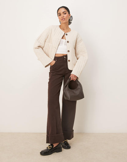 Linen Crop Collarless Quilted Jacket