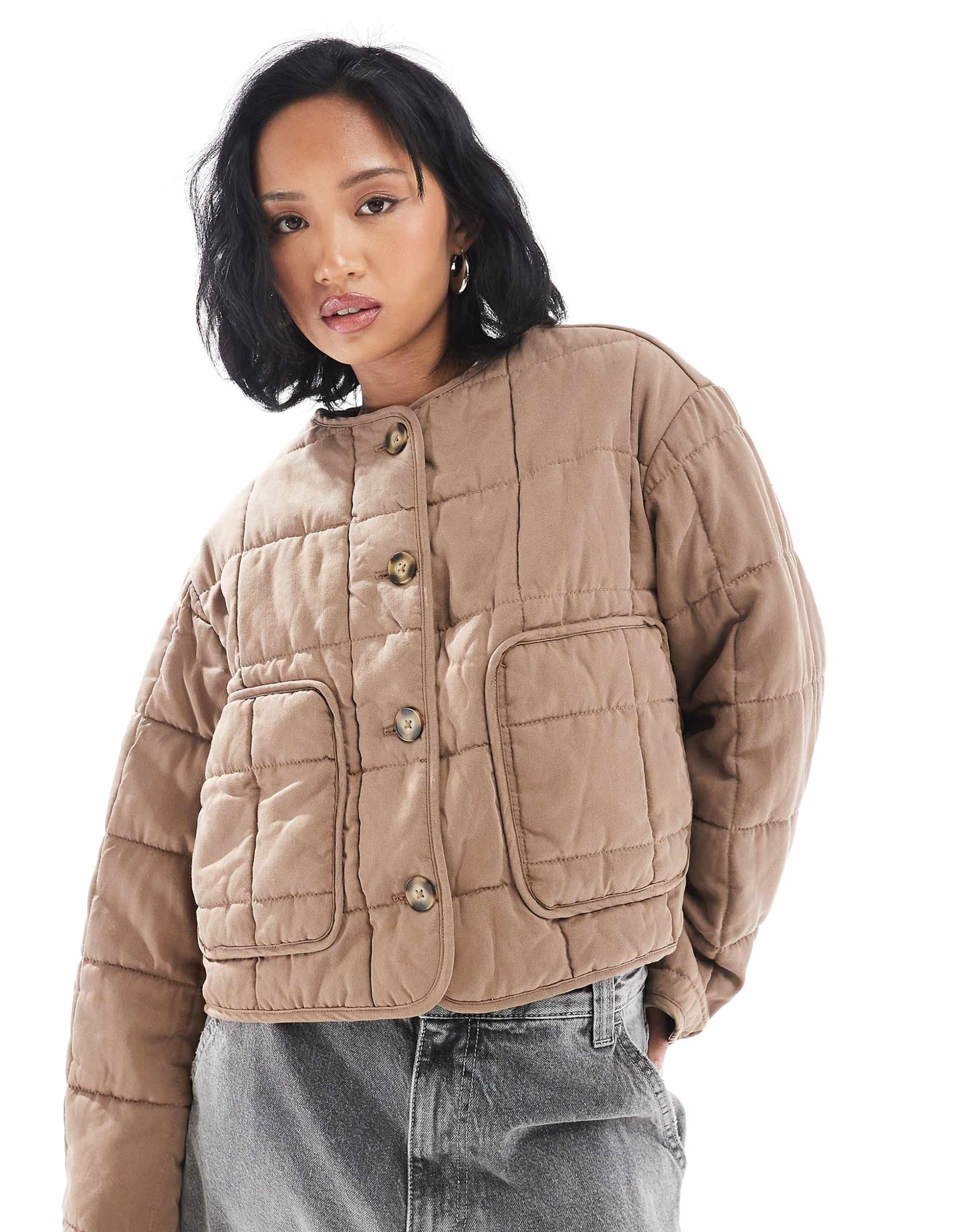 Petite Crop Collarless Quilted Jacket