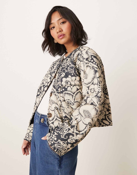 Petite Crop Collarless Quilted Jacket