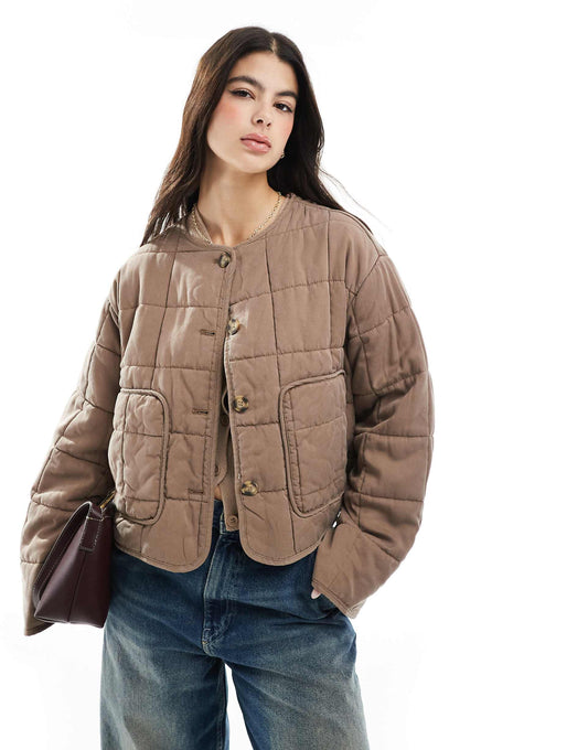 Crop Collarless Quilted Jacket