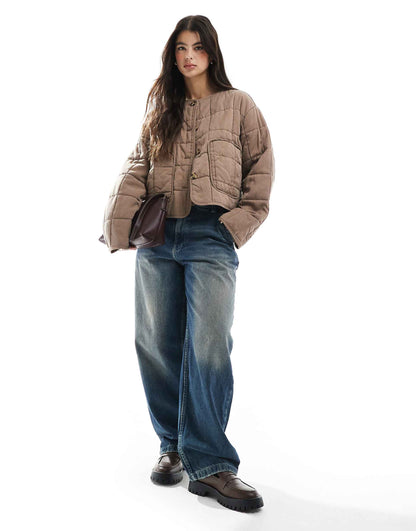Crop Collarless Quilted Jacket