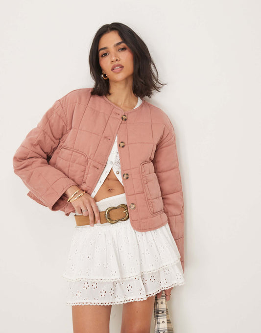 Crop Collarless Quilted Jacket