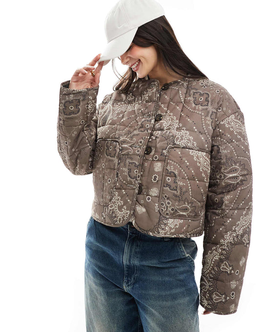Crop Collarless Quilted Jacket