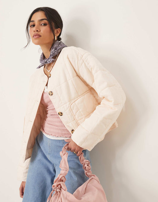 Crop Collarless Quilted Jacket