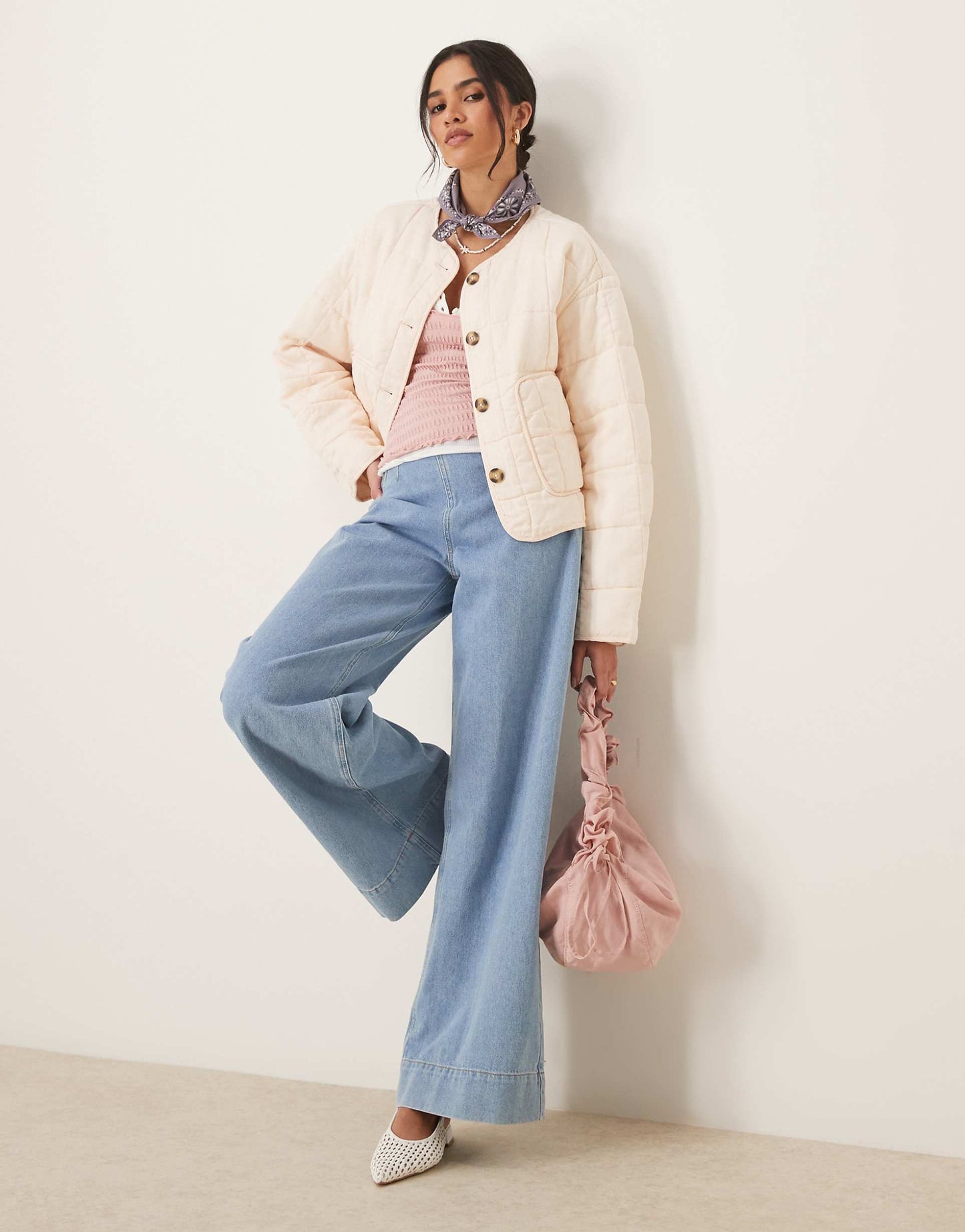 Crop Collarless Quilted Jacket
