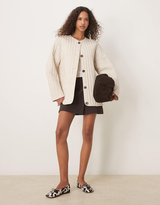 Linen Dolphin Hem Collarless Quilted Jacket