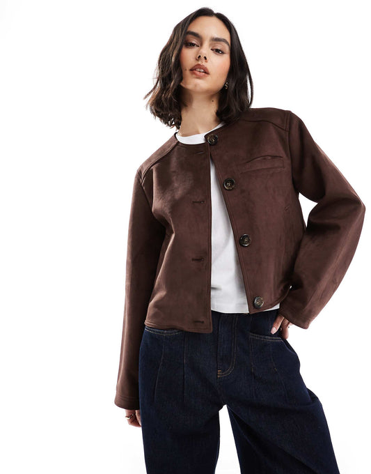 Collarless Faux Suede Jacket