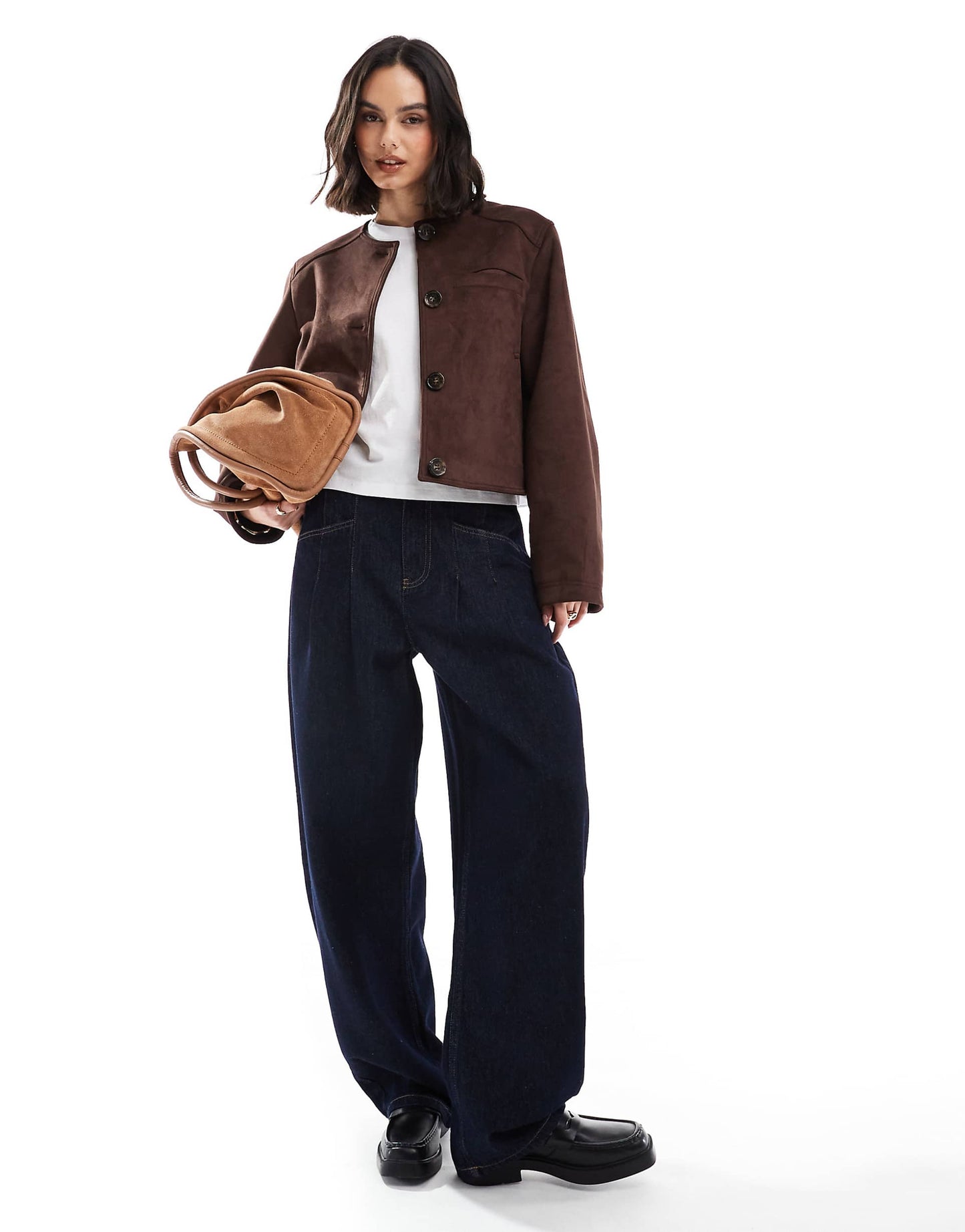 Collarless Faux Suede Jacket