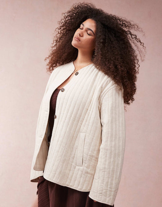 Curve Linen Dolphin Hem Collarless Quilted Jacket