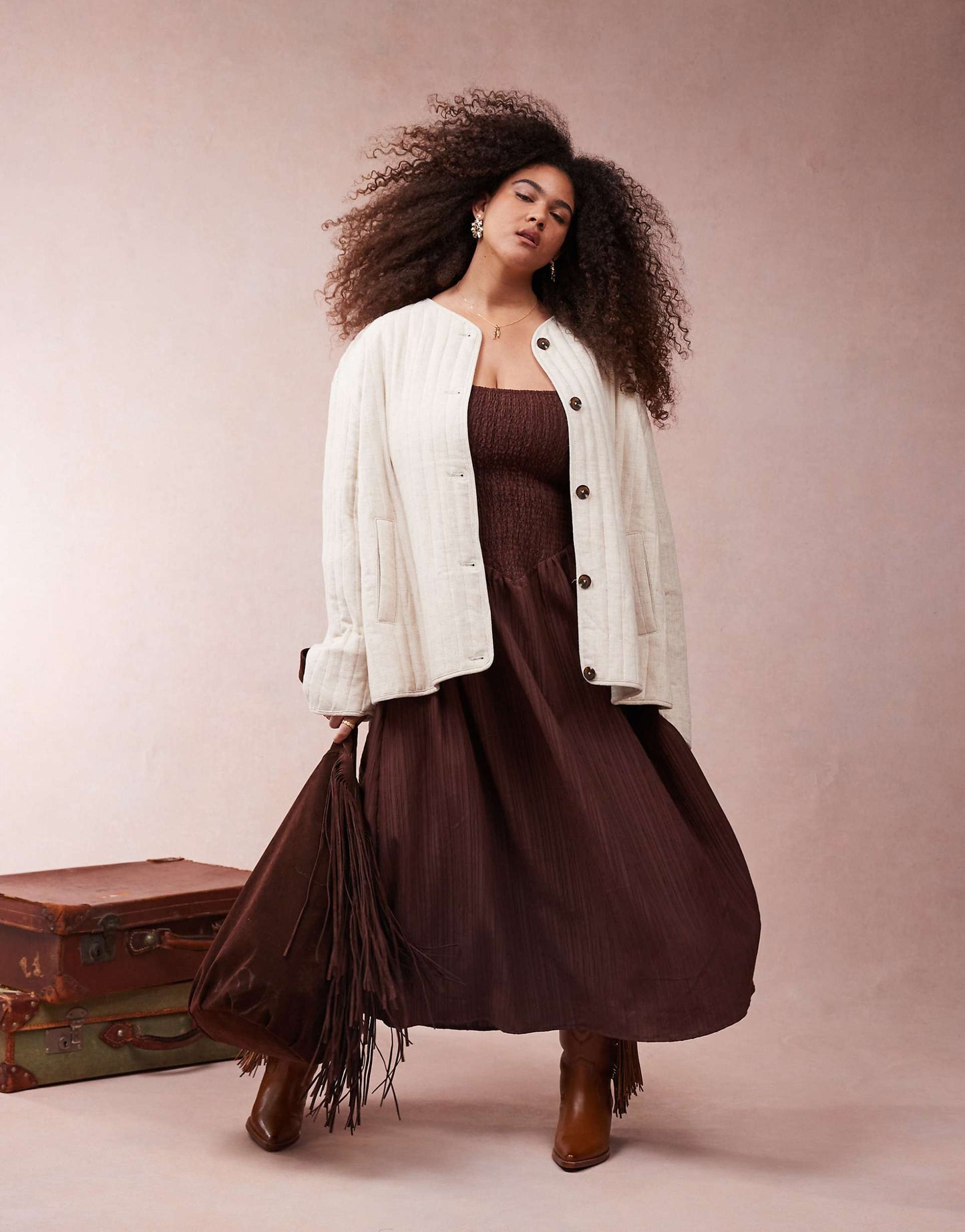 Curve Linen Dolphin Hem Collarless Quilted Jacket