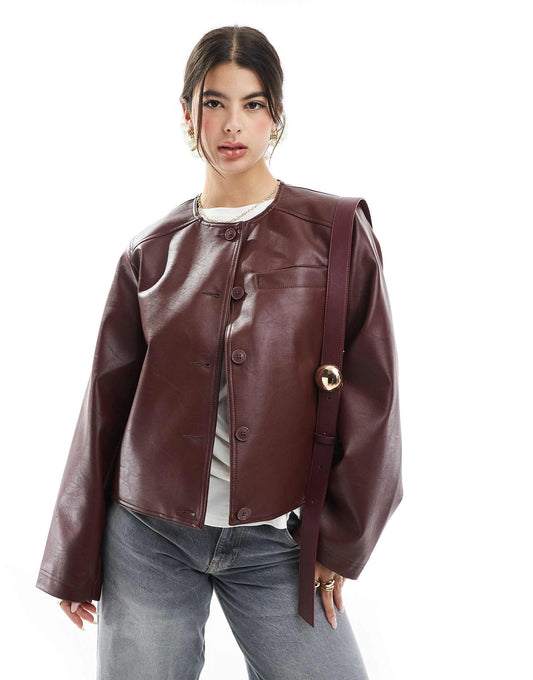 Collarless Clean Leather Look Jacket