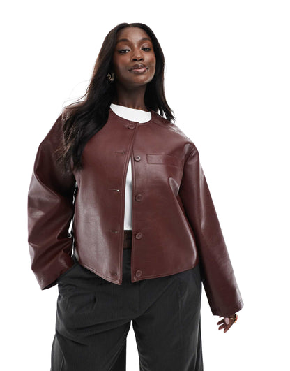 Curve Collarless Leather Look Jacket
