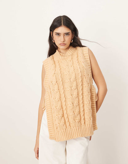 Cable Knit Sleeveless Jumper With Tie Detail