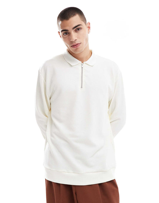 Long Sleeved Relaxed Polo Shirt With Quarter Zip
