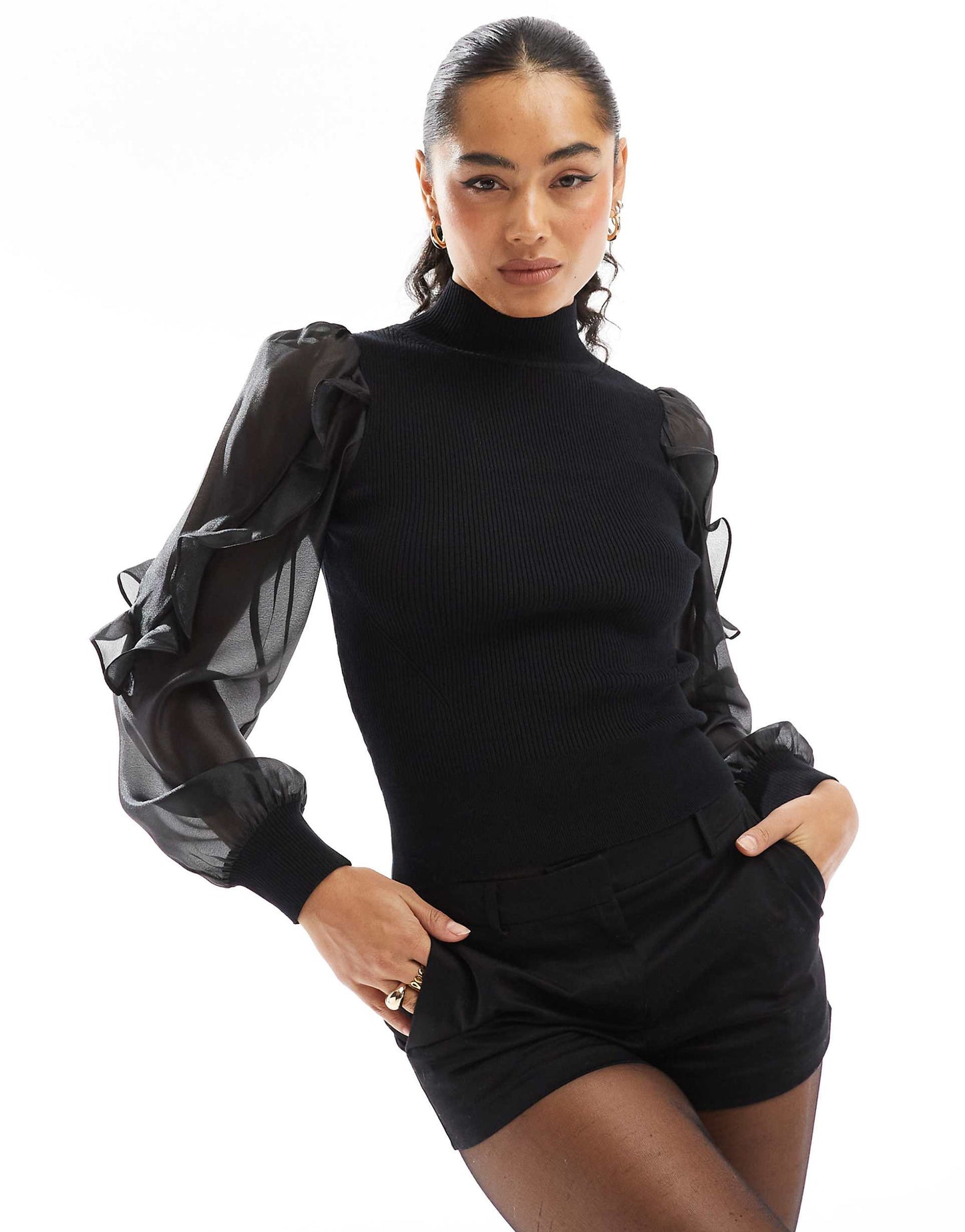High Neck Ribbed Top With Sheer Ruffle Sleeves