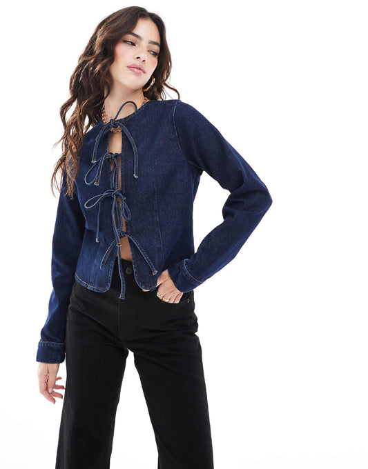 Denim Long Sleeve Tie Front Top