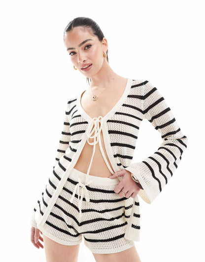 Crochet Tie Front Striped Beach Shirt Co-Ord