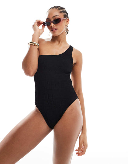 One Shoulder Back Cut Out Crinkle Swimsuit