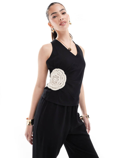 Linen Look Crochet Flower Detail Halterneck Beach Top Co-Ord
