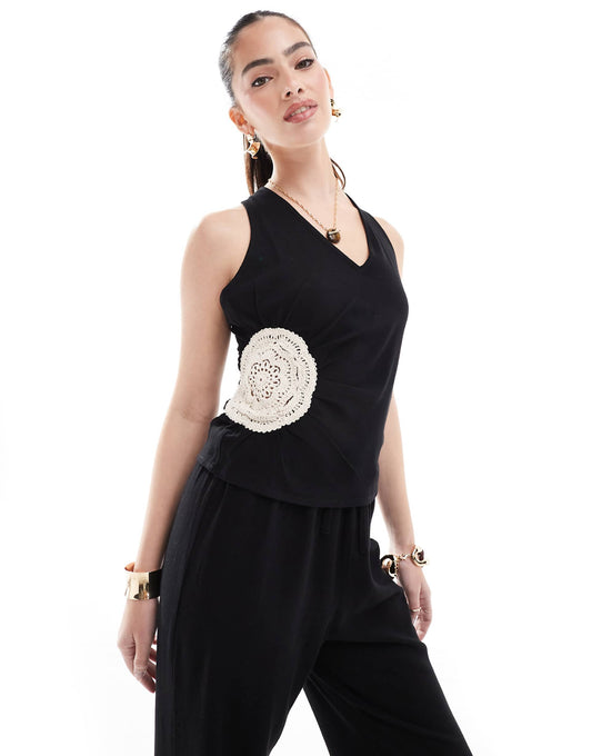 Linen Look Crochet Flower Detail Halterneck Beach Top Co-Ord
