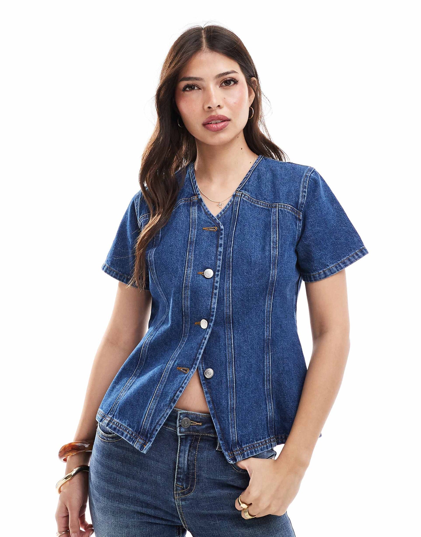 Denim Button Through Short Sleeve Top