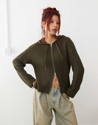 Knitted Rib Hoodie Zip Up Cardigan