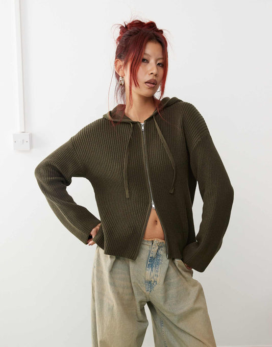 Knitted Rib Hoodie Zip Up Cardigan