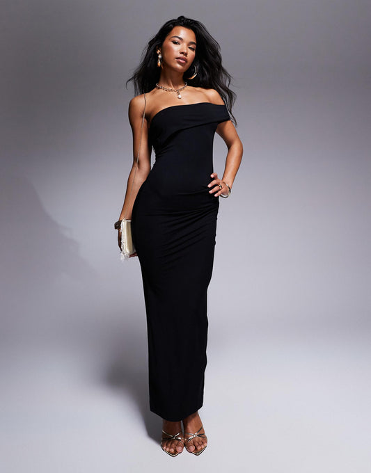 Faux Bardot Midi Dress With Draped Pencil Skirt