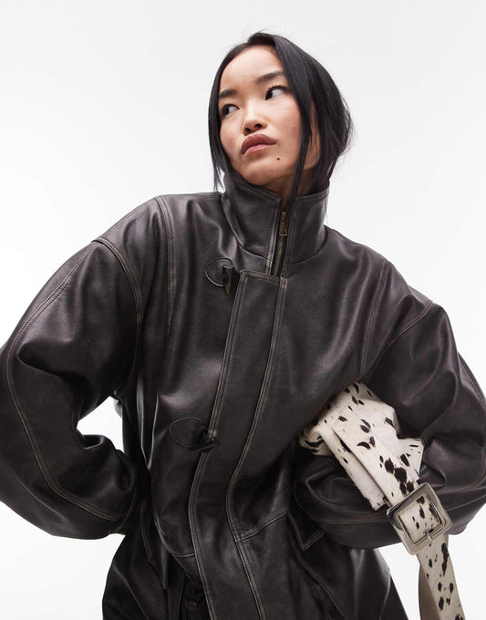 Washed Faux Leather Tie Waist Jacket With Checked Lining