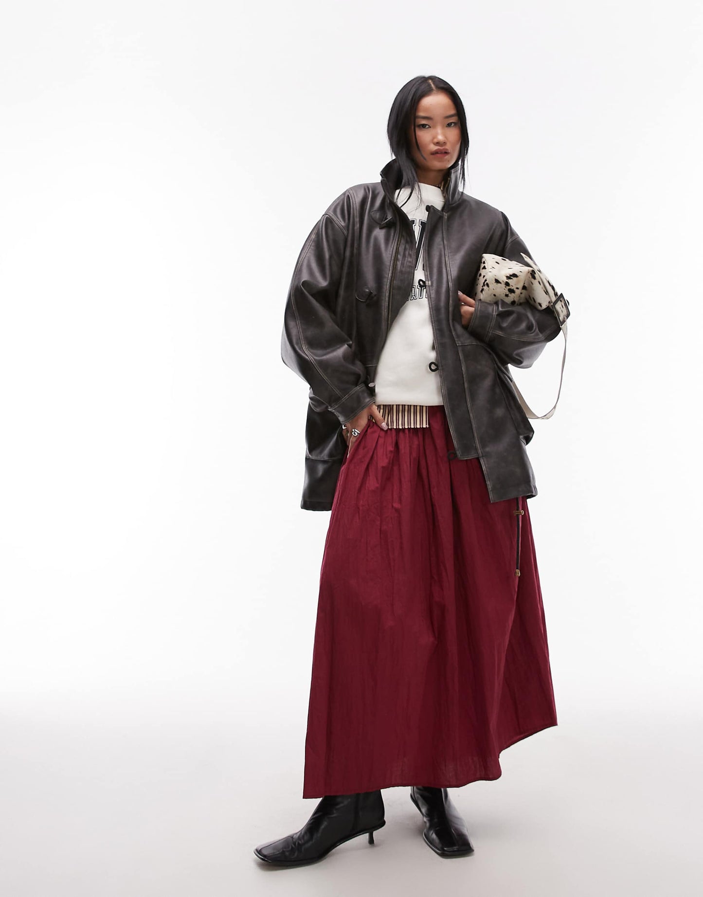 Washed Faux Leather Tie Waist Jacket With Checked Lining