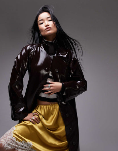 Longline Oversized High Shine Faux Leather Trench Coat