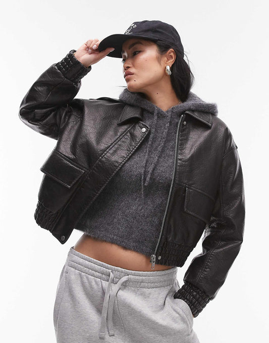 Short Bubble Faux Leather Bomber Jacket