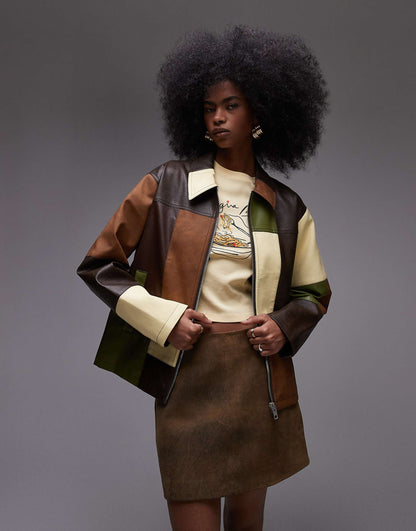 Contrast Panel Detail Zip Through Faux Leather Jacket